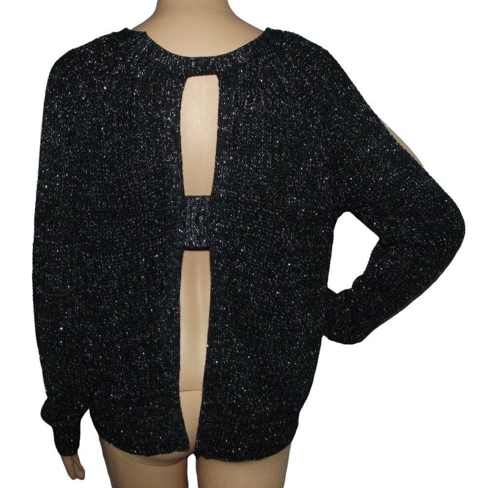 No Comment Sweater Womens Medium Black Silver Metallic Open Back Cold Shoulder